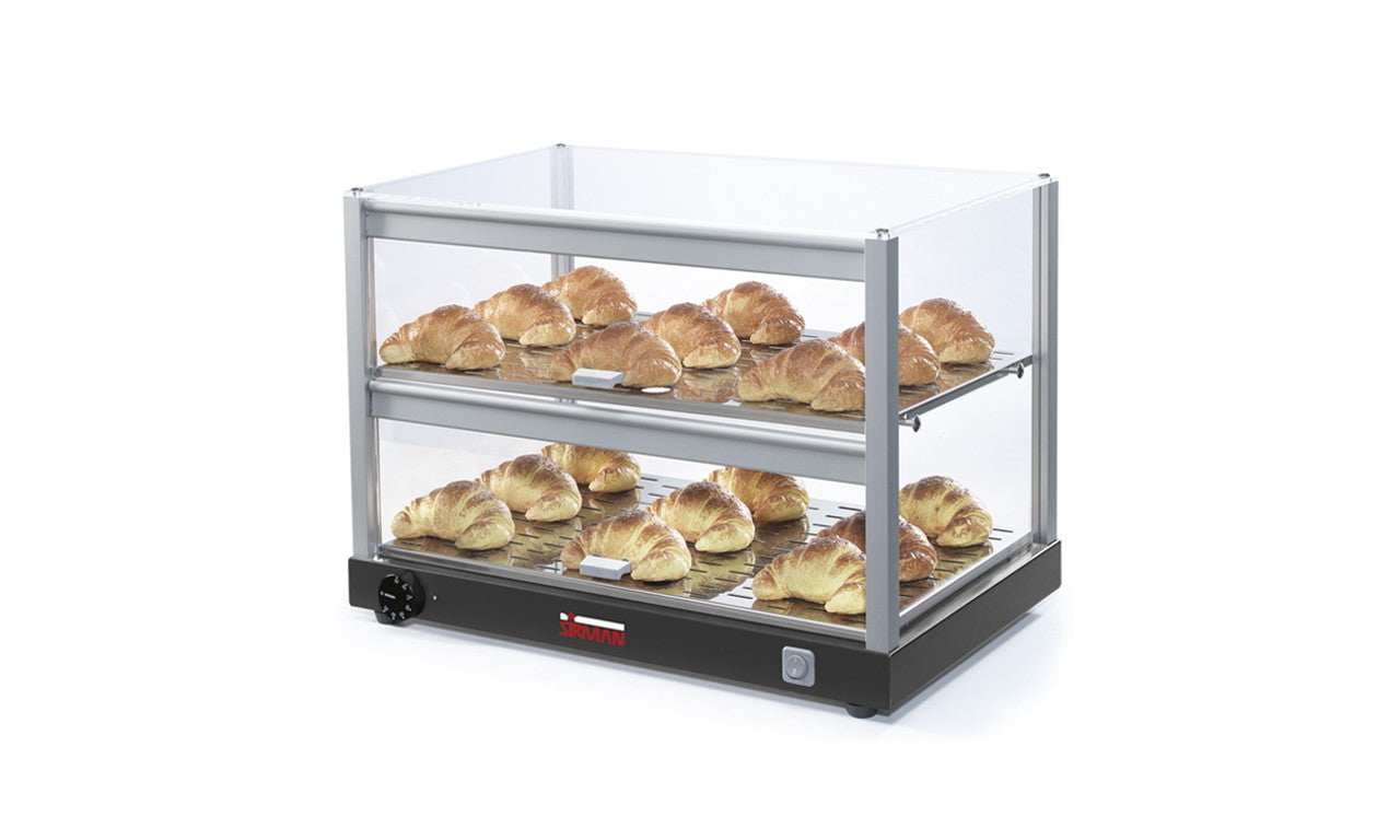 Sirman - Cube P2 HOT - Vetrinette per l’esposizione ed il mantenimento di alimenti come brioche, dolci e stuzzichini. - Struttura in plexiglass trasparente e colonne in alluminio estruso anodizzato. - Piani d’appoggio estraibili in acciaio inox AISI 304.