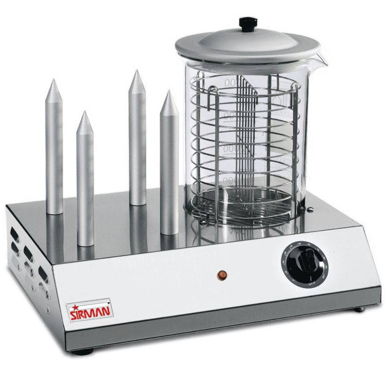 Sirman - Hot Dog Y09 4 CHIODI - Contenitore in pirex per la cottura del wurstel. - Cesto di contenimento wurstel in acciaio inox. - Regolazione della potenza con simostato. - Componenti elettrici auto-protetti da eventuali perdite di liquidi. - Riscaldato