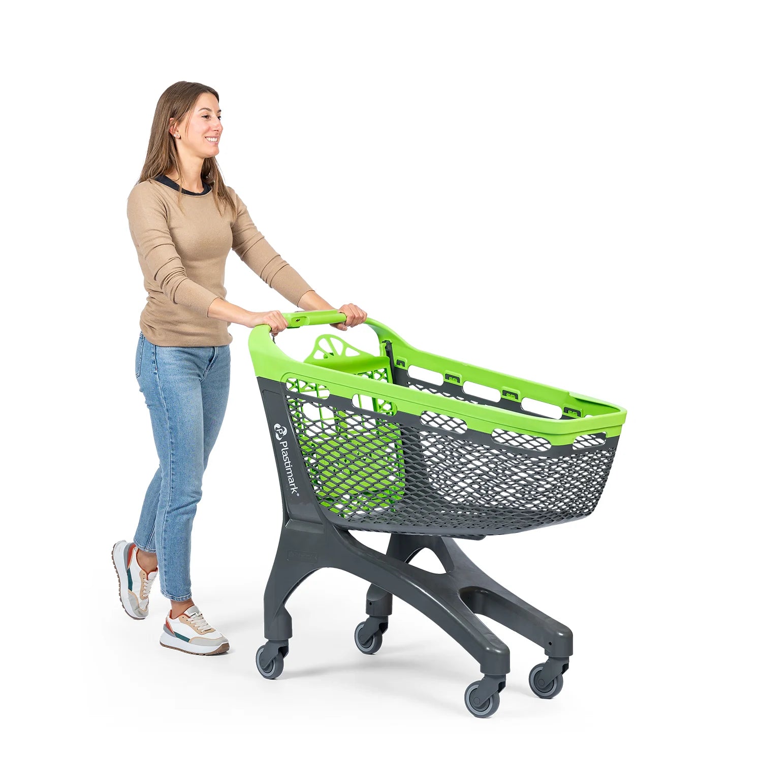 Plastimark - ROOMY 160LT. STRUTTURA E CESTO IN UNICO MONOBLOCCO DI POLIAMMIDE GRIGIO RAL 7043, GRUPPO BASCULANTE CON PORTA BABY E GANCIO PORTA BORSE INTEGRATO GRIGIO RAL 7023, MANICO CON PLEXI PORTA LOGO, RUOTE STD D. 100 LC CON ATTACCO RAPIDO - FINITURA