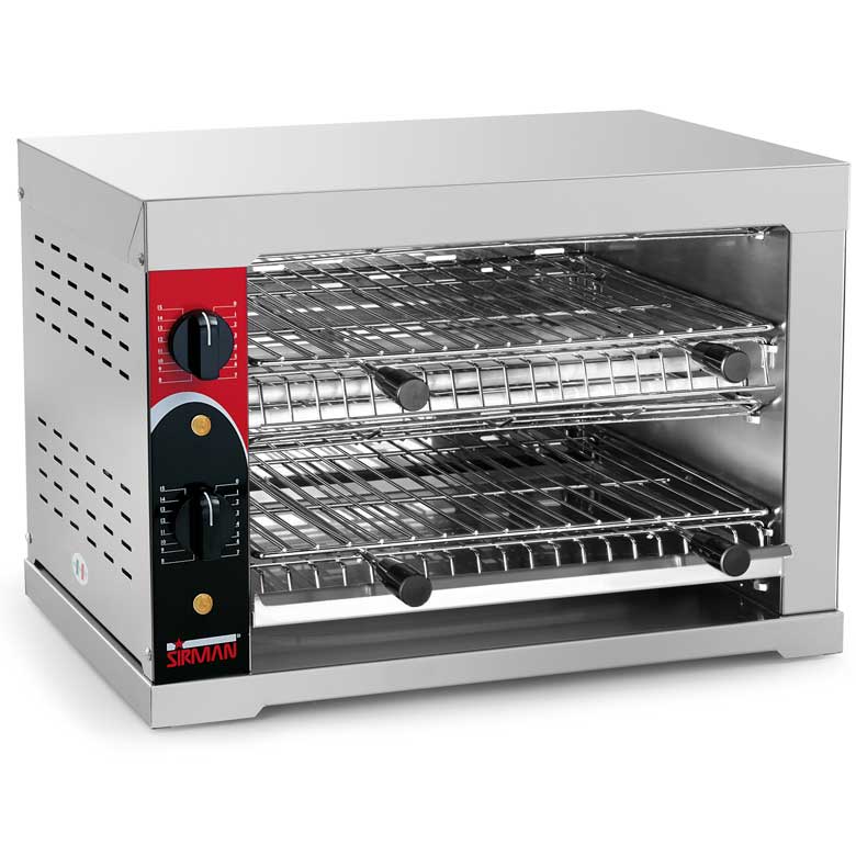 Sirman - TOSTONE • Costruito interamente in acciaio inox. • Griglie facilmente smontabili per la pulizia. • Cassetto raccoglibriciole asportabile. • In dotazione 2 griglie in acciaio cromato. • Tubi al quarzo efficienti e veloci • Ideale per riscaldare pi