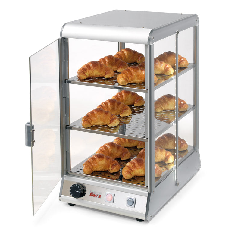 Sirman - Vista Tower - Vetrinette per l’esposizione ed il mantenimento di alimenti come brioches, dolci e stuzzichini. - Struttura in plexiglas trasparente e profili di alluminio anodizzato. - Piani d’appoggio estraibili in acciaio inox.