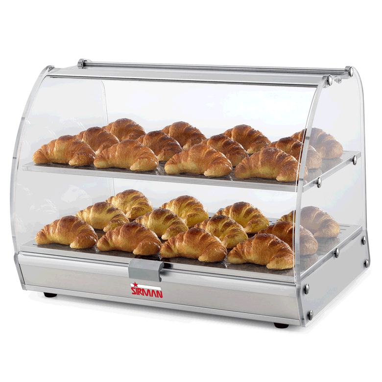Sirman - VISTA BOLD P2 Vetrinette per l’esposizione ed il mantenimento di alimenti come brioche, dolci e stuzzichini. - Struttura in plexiglas trasparente e profili di alluminio anodizzato. - Piani d’appoggio estraibili in acciaio inox. - 2 porte apribili